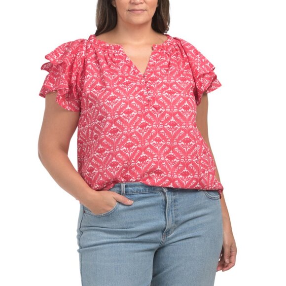 C&T Red/White Plus Ruffle Sleeve Blouse - Picture 1 of 2